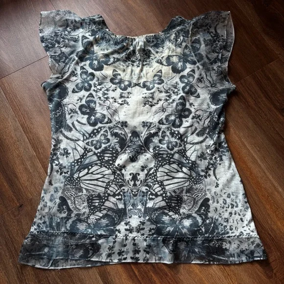 Vintage Y2K Boho Sequin Butterfly Blue Grey Flowy Romantic Short Sleeve Top M - Picture 5 of 6